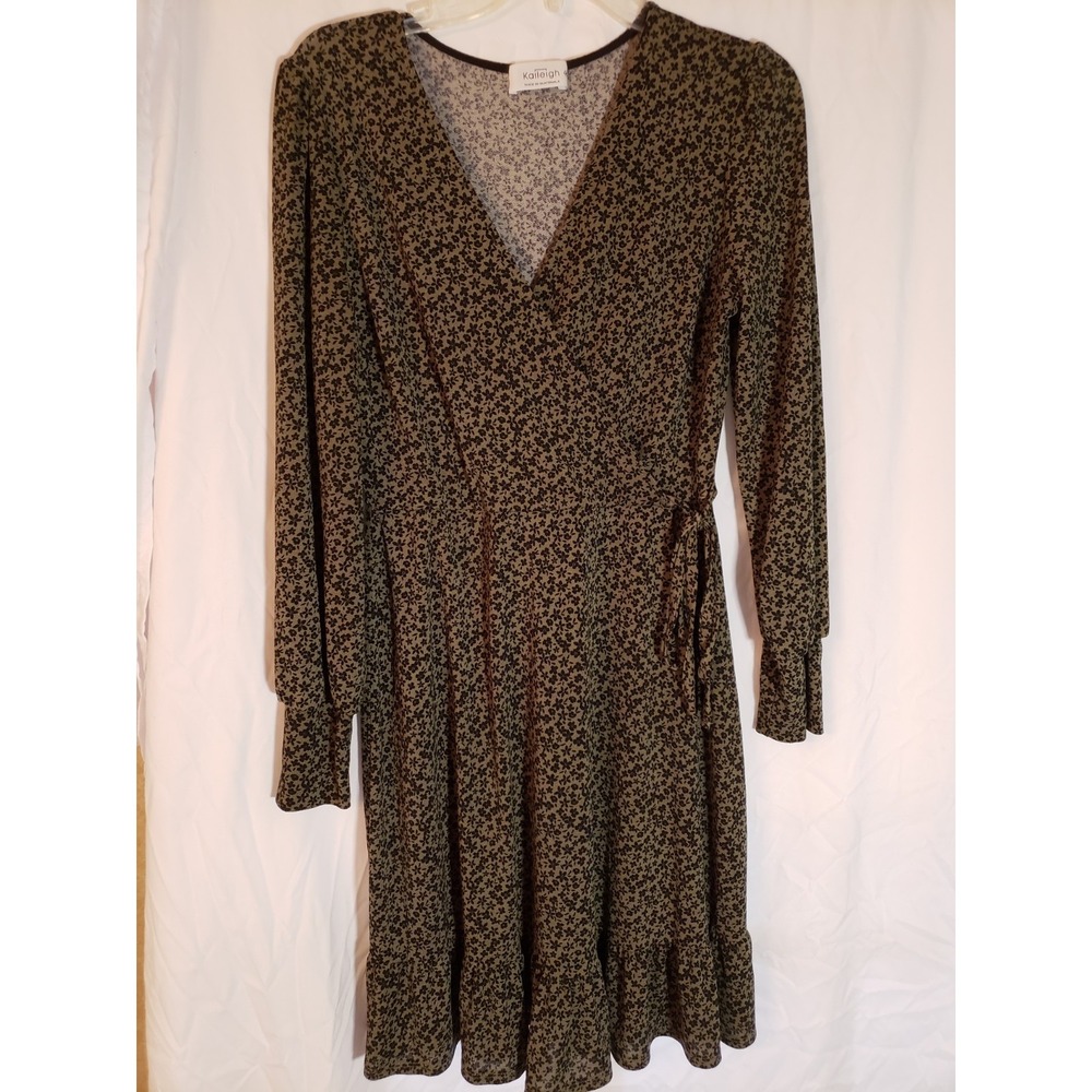 Women's Kayleigh Olive Green Floral Long Sleeve Dress Size M